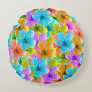 Multi Coloured Vibrant Blossoms, Round Cushion