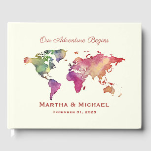 Multi-Coloured Water Colour Map Wedding Guest Book