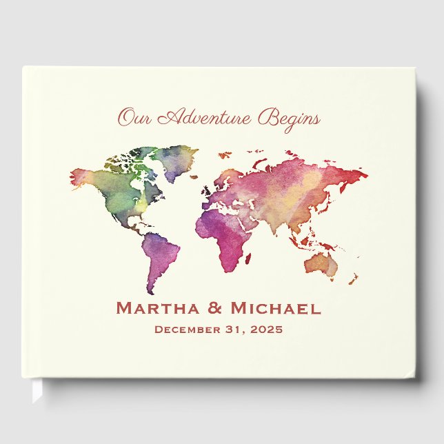 Multi-Coloured Water Colour Map Wedding Guest Book (Front)