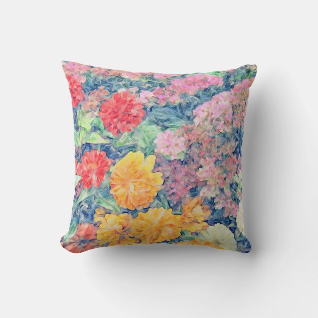 Multi Coloured Zinnia Sedum Painterly-Blue accents Cushion (Front)