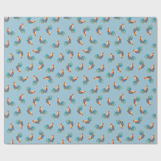 multi colourful crowing cockerels wrapping paper