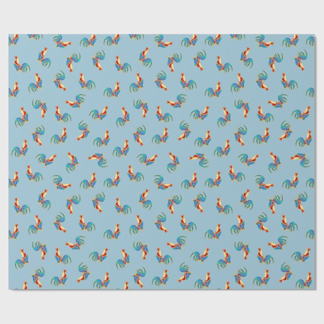 multi colourful crowing cockerels wrapping paper (Flat)