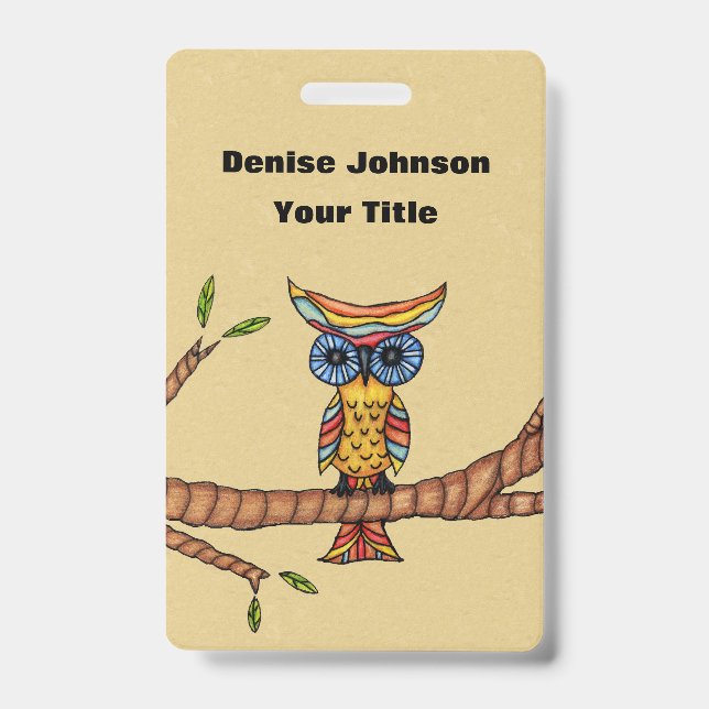 Multi Colours Fantasy Owl on Tree Branch Tan ID Badge (Front)