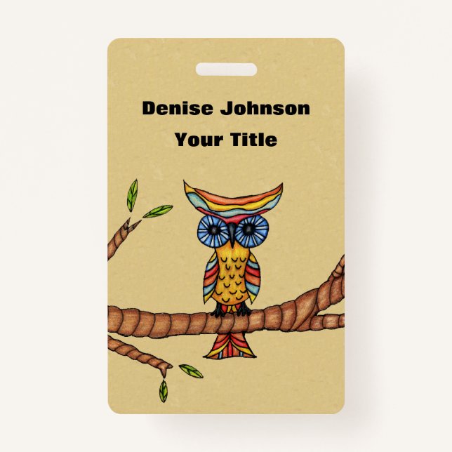 Multi Colours Fantasy Owl on Tree Branch Tan ID Badge (Front)