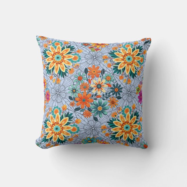 Multi-colours flower pots pattern. black L Blue BG Cushion (Front)
