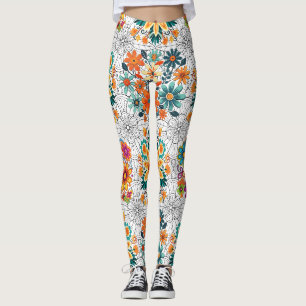 Multi-colours flower pots pattern. black White BG Leggings
