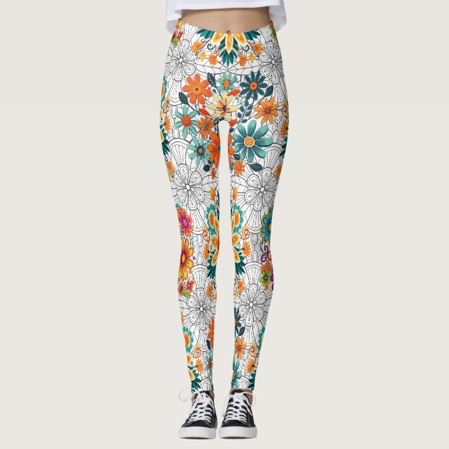 Multi-colours flower pots pattern. black White BG Leggings (Front)