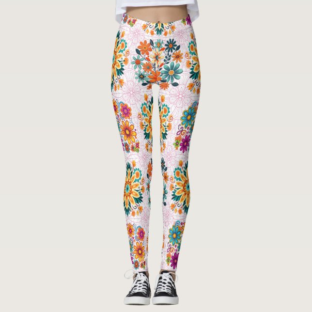 Multi-Colours Flower Pots Pattern - Pink Leggings (Front)