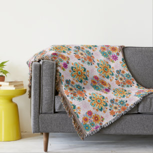 Multi-Colours Flower Pots Pattern - Pink Throw Blanket