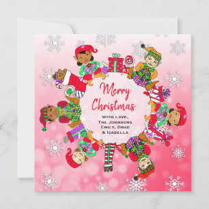 Multi-Cultural Little Cute Whimsical Elves Card