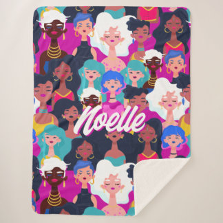 Multi-Cultural Women's Faces Pattern, Your Name Sherpa Blanket