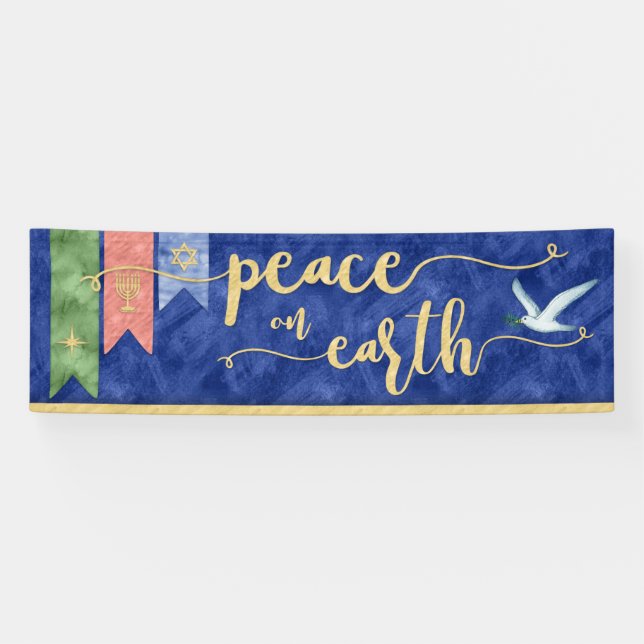 Multi-Denominational Watercolor Peace on Earth Banner (Horizontal)