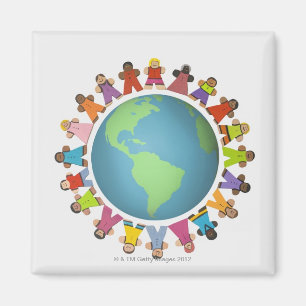 Multi ethnic figurines encircle the globe magnet