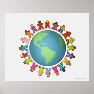 Multi ethnic figurines encircle the globe poster