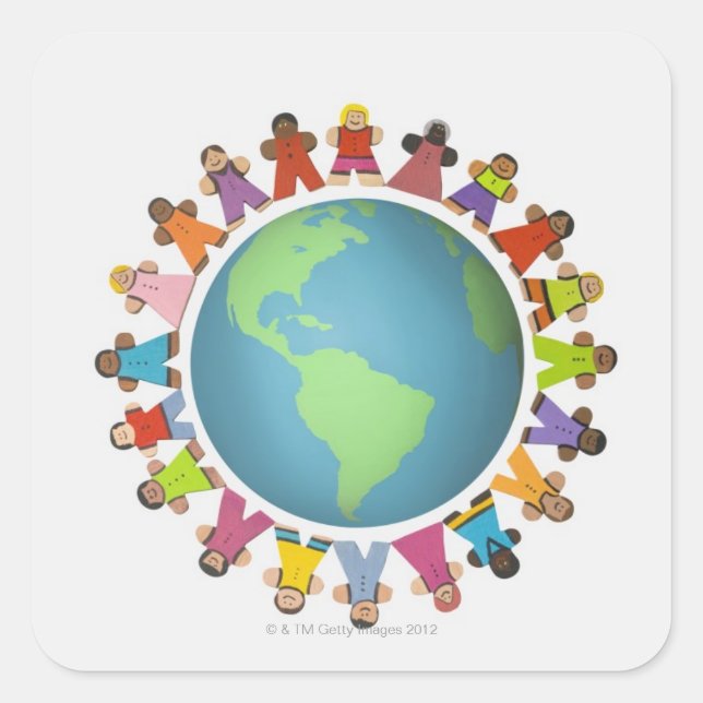 Multi ethnic figurines encircle the globe square sticker (Front)