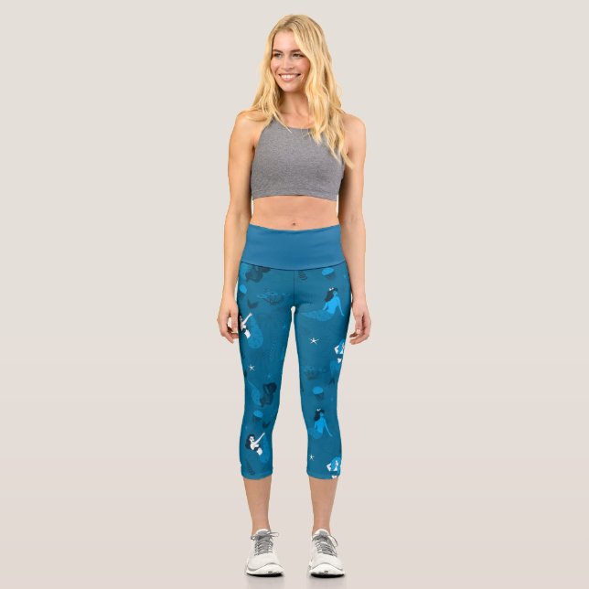 multi ethnic mermaids pattern blue  capri leggings (Front)