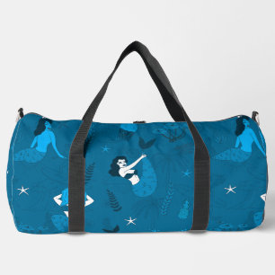 multi ethnic mermaids pattern blue duffle bag