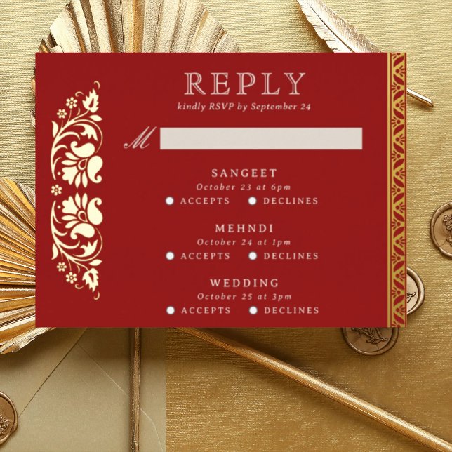 Multi Event Lotus Flower Indian Wedding RSVP Card (Red Indian wedding invitation RSVP enclosure response reply card, Lotus flower hindu wedding card)