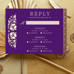Multi Event Lotus Flower Indian Wedding RSVP Card