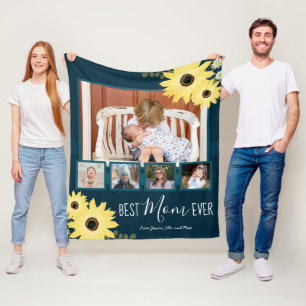 Multi Family Photo Best Mum Ever Rustic Sunflowers Fleece Blanket