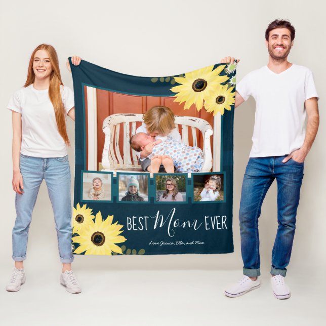 Multi Family Photo Best Mum Ever Rustic Sunflowers Fleece Blanket (In Situ)