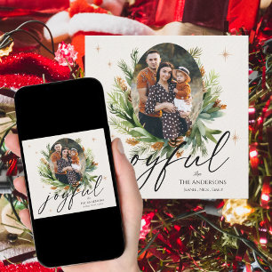 Multi Family Photos Green Leaves Joyful Christmas Holiday Card