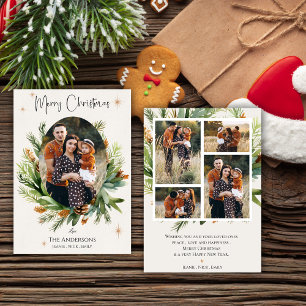 Multi Family Photos Green Leaves Merry Christmas Holiday Card