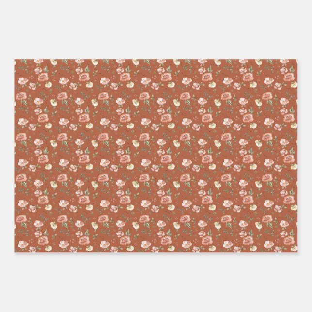 Multi Floral on Burnt Orange Wrapping Paper Sheet (Front)