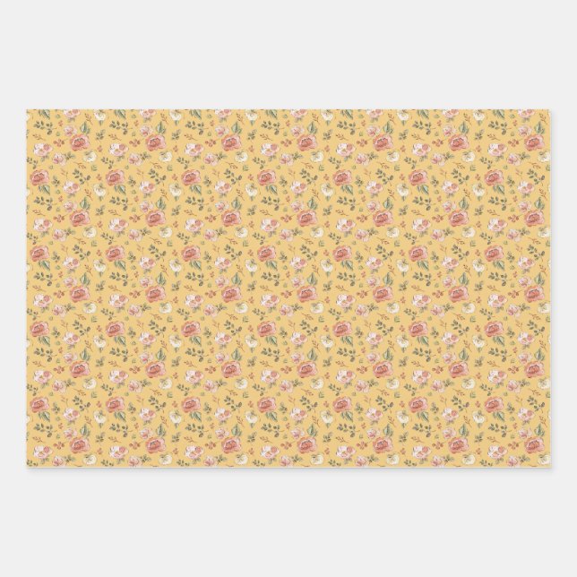 Multi Floral on Yellow Wrapping Paper Sheet (Front)