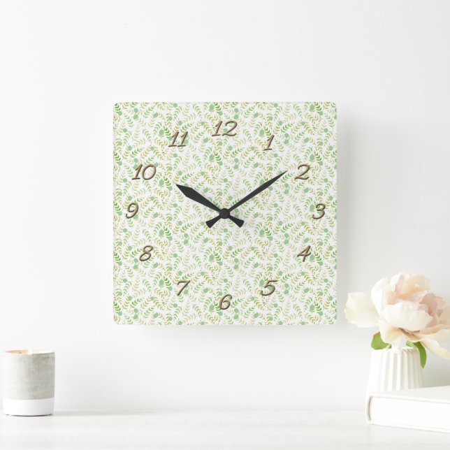 Multi Green Nature Fern Leaf Pattern  Square Wall Clock (Home)
