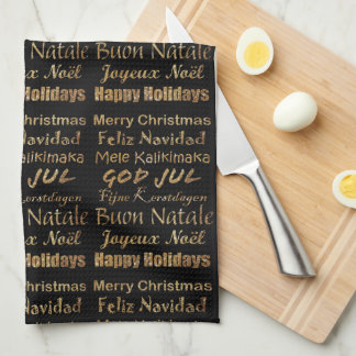 Multi-Language Golden Glitter Christmas Greetings Tea Towel