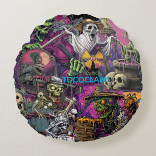 Multi-Panel Zombie Samurai & Chained Barrel Horror Round Cushion