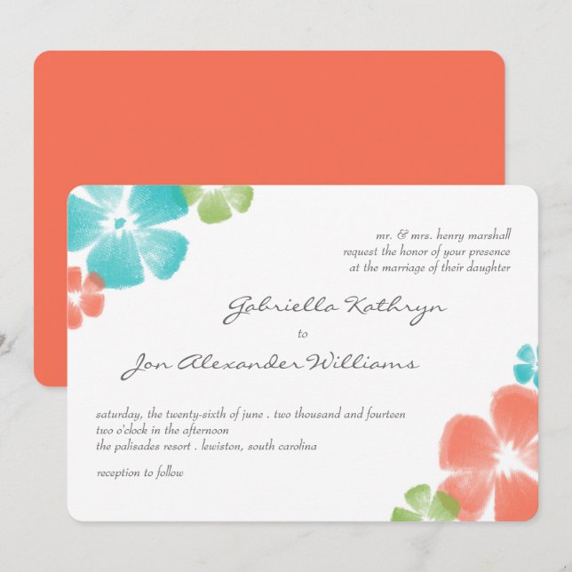 Multi Papaya Watercolor Flowers Wedding Invite (Front/Back)