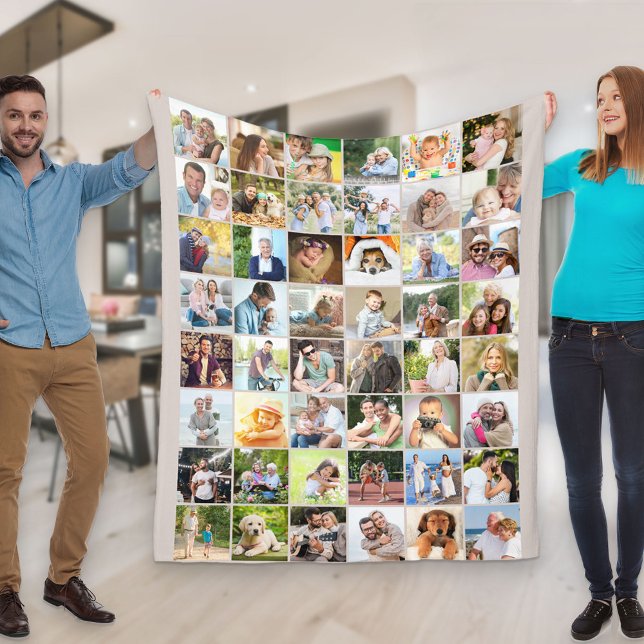 Multi Photo 48 Picture Grid Collage Beige Fleece Blanket (Creator Uploaded)