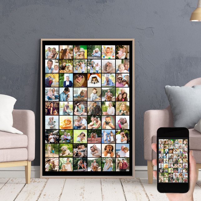 Multi Photo 54 Picture Grid Collage Black Poster (Creator Uploaded)