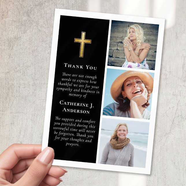 Multi Photo Black Gold Cross Sympathy Funeral Thank You Card (Creator Uploaded)