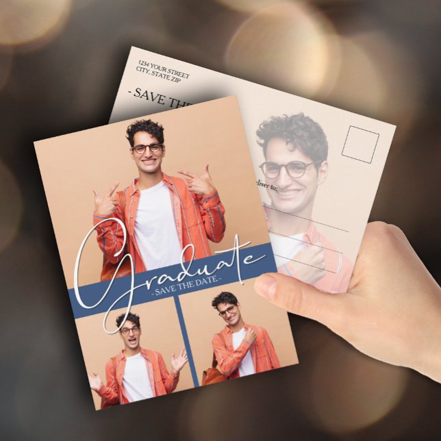 Multi Photo Blue Graduation Save the Date Postcard (Creator Uploaded)