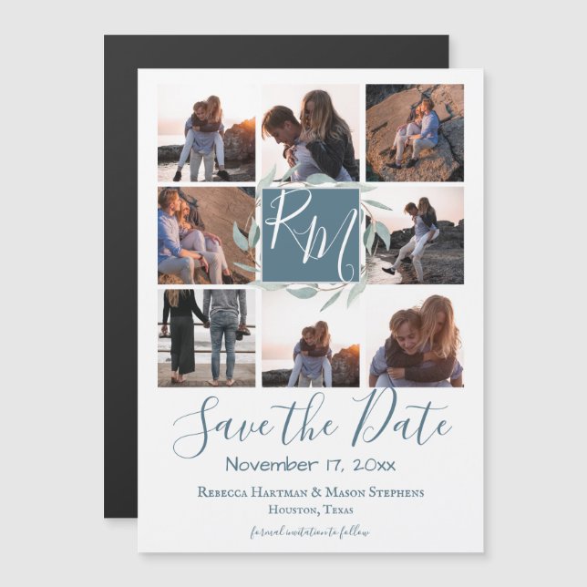 Multi Photo Botanical Leave Monogram Save the Date (Front/Back)