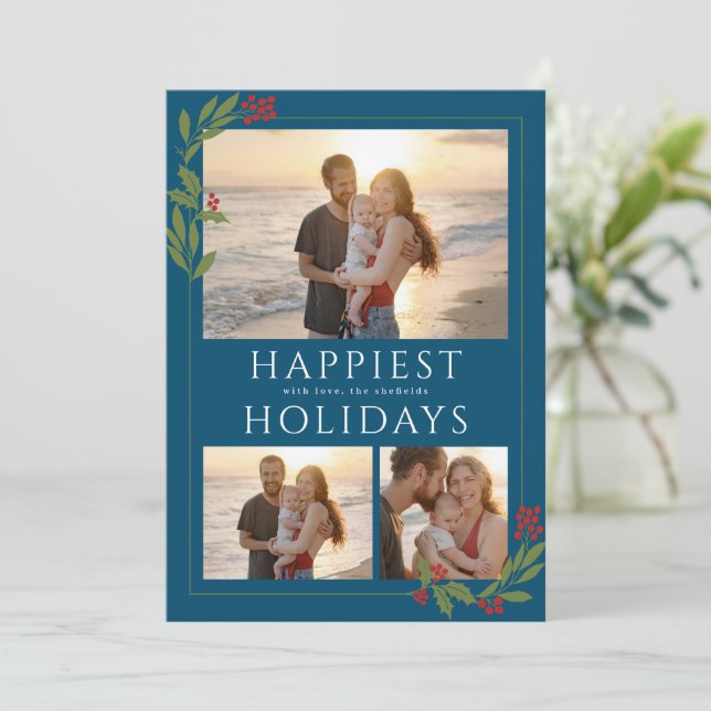 MULTI-PHOTO CARD WITH CHRISTMAS BORDER FOLIAGE (Standing Front)