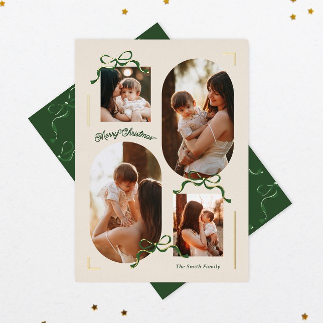 multi photo collage 4 photo bows foil Oval Photo Foil Holiday Card (Creator Uploaded)