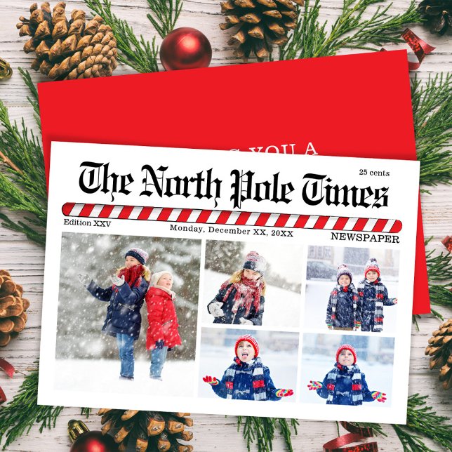 Multi Photo Collage Christmas Newspaper Holiday Card (The North Pole Times Multi photo holiday greeting card.)
