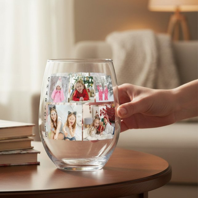 Multi Photo Collage Custom Name Stemless Wine Glass (Creator Uploaded)