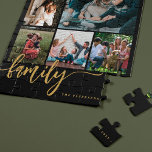 Multi photo collage family script modern keepsake jigsaw puzzle<br><div class="desc">Elegant modern family handwritten calligraphy script with six custom photos black gold keepsake puzzle template.              Please note that the background colour is changeable. You can replace the black with any other colour after selecting CUSTOMIZE option.</div>