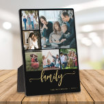 Multi photo collage family script modern keepsake plaque<br><div class="desc">Elegant modern family handwritten calligraphy script with six custom photos black gold keepsake photo plaque template.              Please note that the background colour is changeable. You can replace the black with any other colour after selecting CUSTOMIZE option.</div>