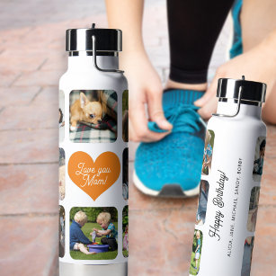 Multi photo collage love you mom personalized water bottle