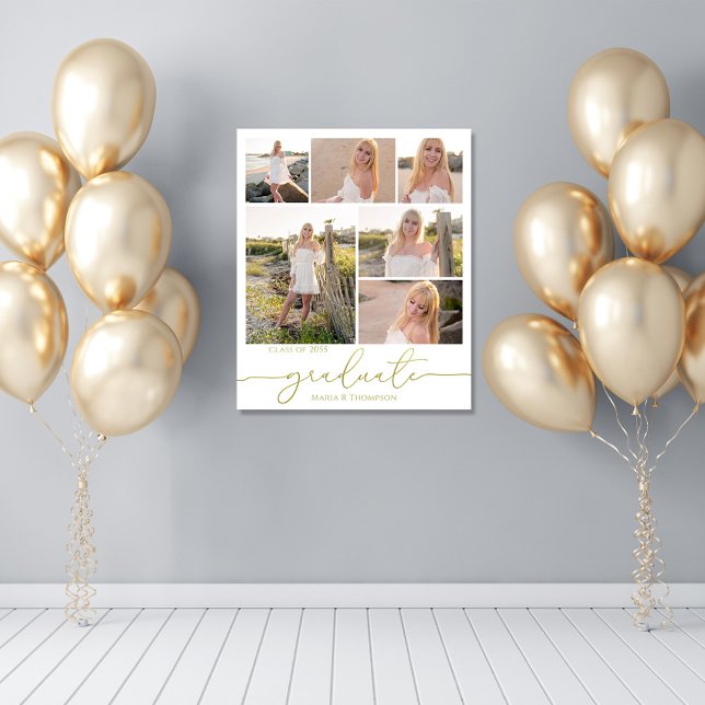 Multi Photo Collage Modern Graduation Script Poster (Graduation photo collage party poster with gold calligraphy. )