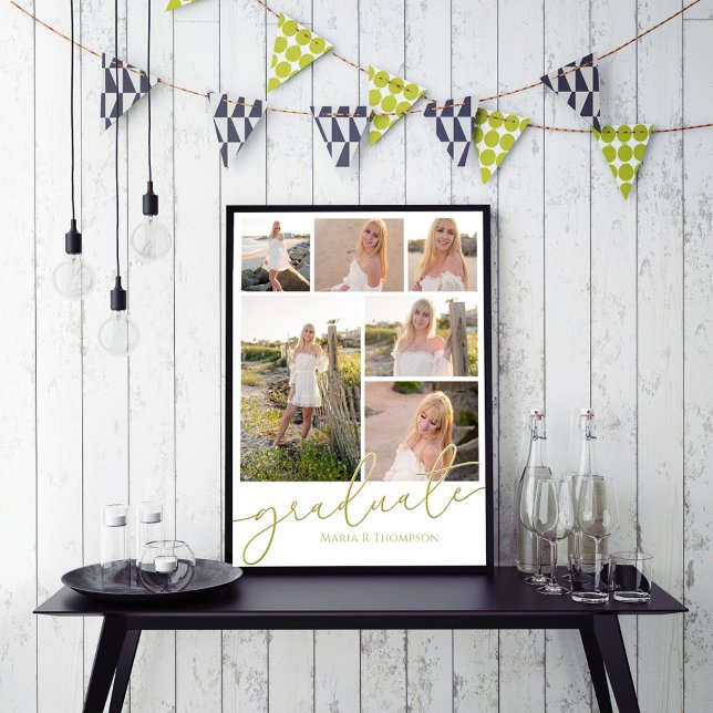 Multi Photo Collage Modern Graduation Script Poster (Gold calligraphy script multi photo template poster.)