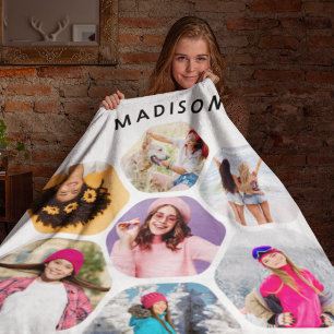 Multi Photo Collage Modern Personalised Name  Fleece Blanket