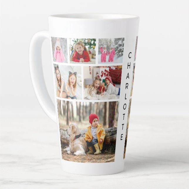 Multi Photo Collage Modern Personalised Name Latte Mug (Left Angle)