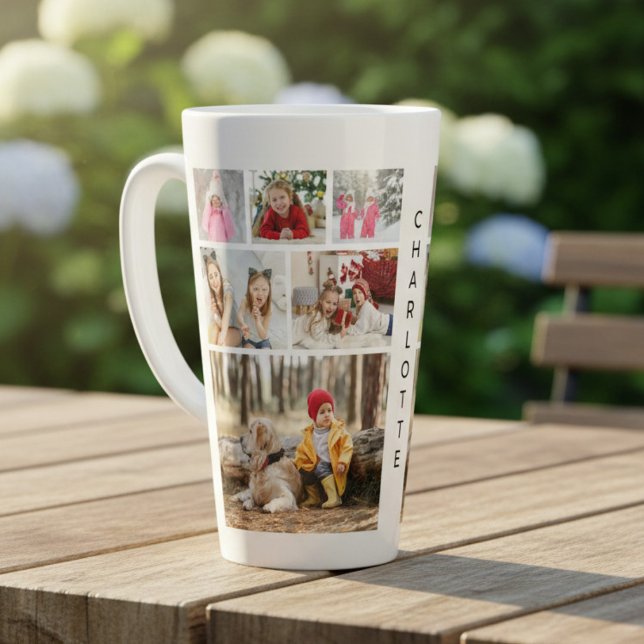Multi Photo Collage Modern Personalised Name Latte Mug (Creator Uploaded)
